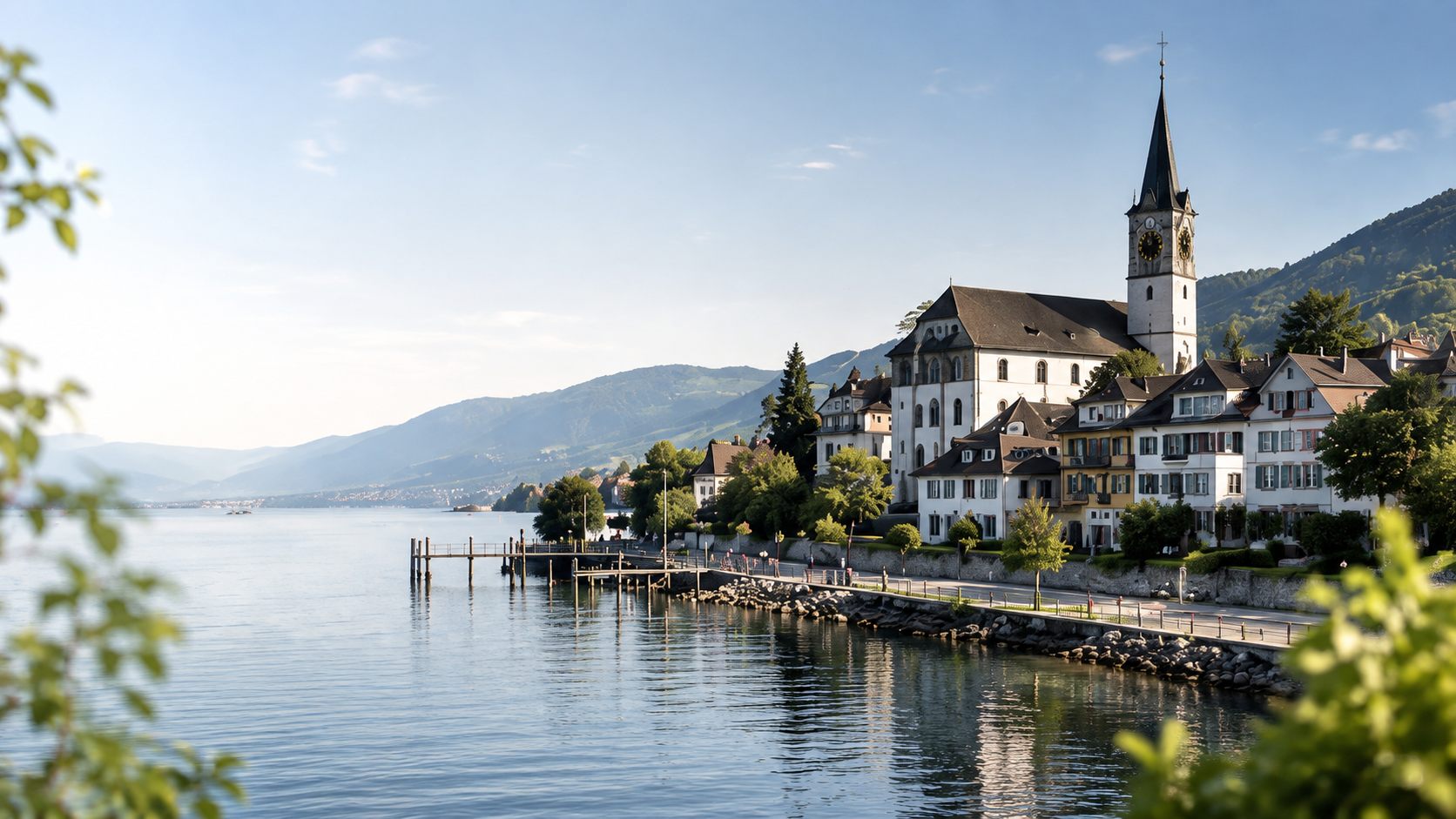 Schweizer Gemeinde am See mit Kirchturm